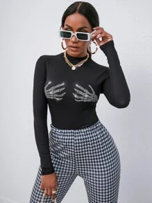 SHEIN EZwear 骷髏水鑽羅紋針織修身T恤 - 黑色 - 查看 7