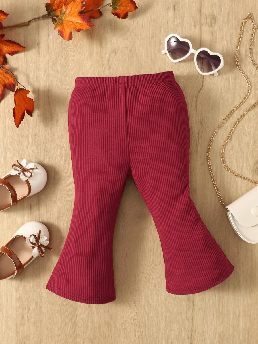 SHEIN 嬰兒素色喇叭褲 - 酒紅色 - 查看 1