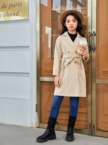 女孩1入組西裝領雙排釦腰帶風衣外套