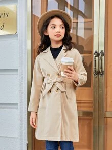 女孩1入組西裝領雙排釦腰帶風衣外套