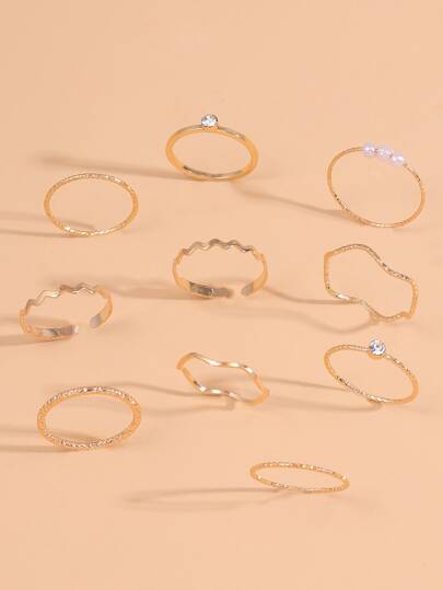 10pcs Rhinestone & Faux Pearl Decor Ring