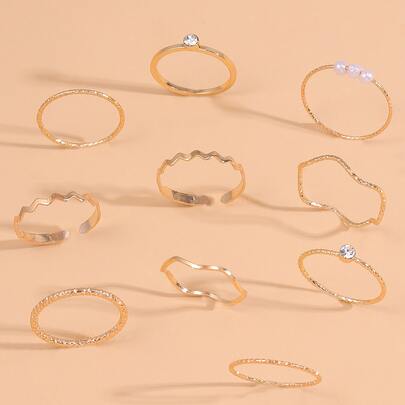 10入組鑲有鑽石和人造珍珠的裝飾戒指