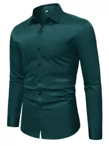 Manfinity Mode Men Button Front Solid Shirt - Dark Green - View 1