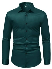 Manfinity Mode Men Button Front Solid Shirt - Dark Green - View 3
