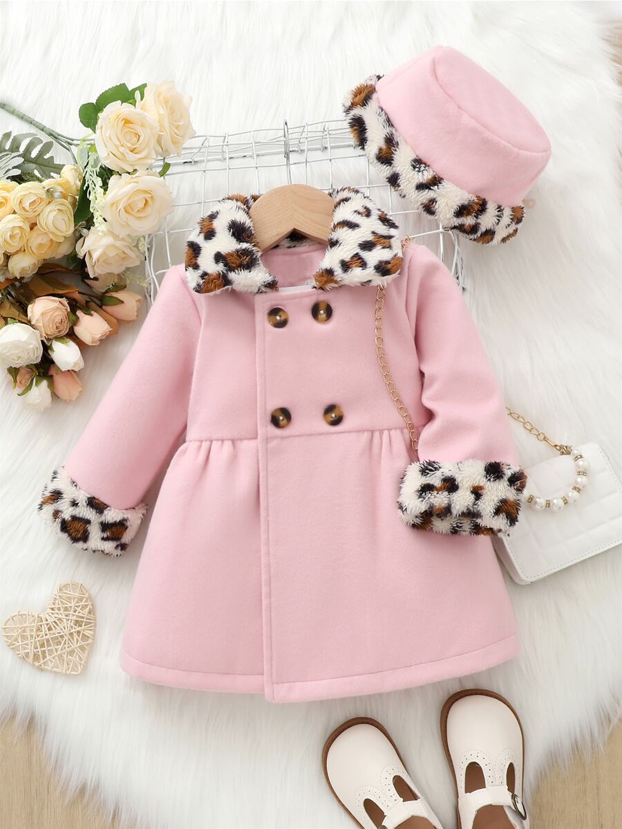 SHEIN Baby Leopard Pattern Borg Collar Pea Coat & Hat - Baby Pink - View 1