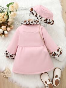 SHEIN Baby Leopard Pattern Borg Collar Pea Coat & Hat - Baby Pink - View 2