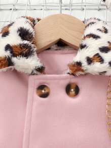 SHEIN Baby Leopard Pattern Borg Collar Pea Coat & Hat - Baby Pink - View 3