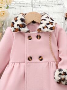 SHEIN Baby Leopard Pattern Borg Collar Pea Coat & Hat - Baby Pink - View 5