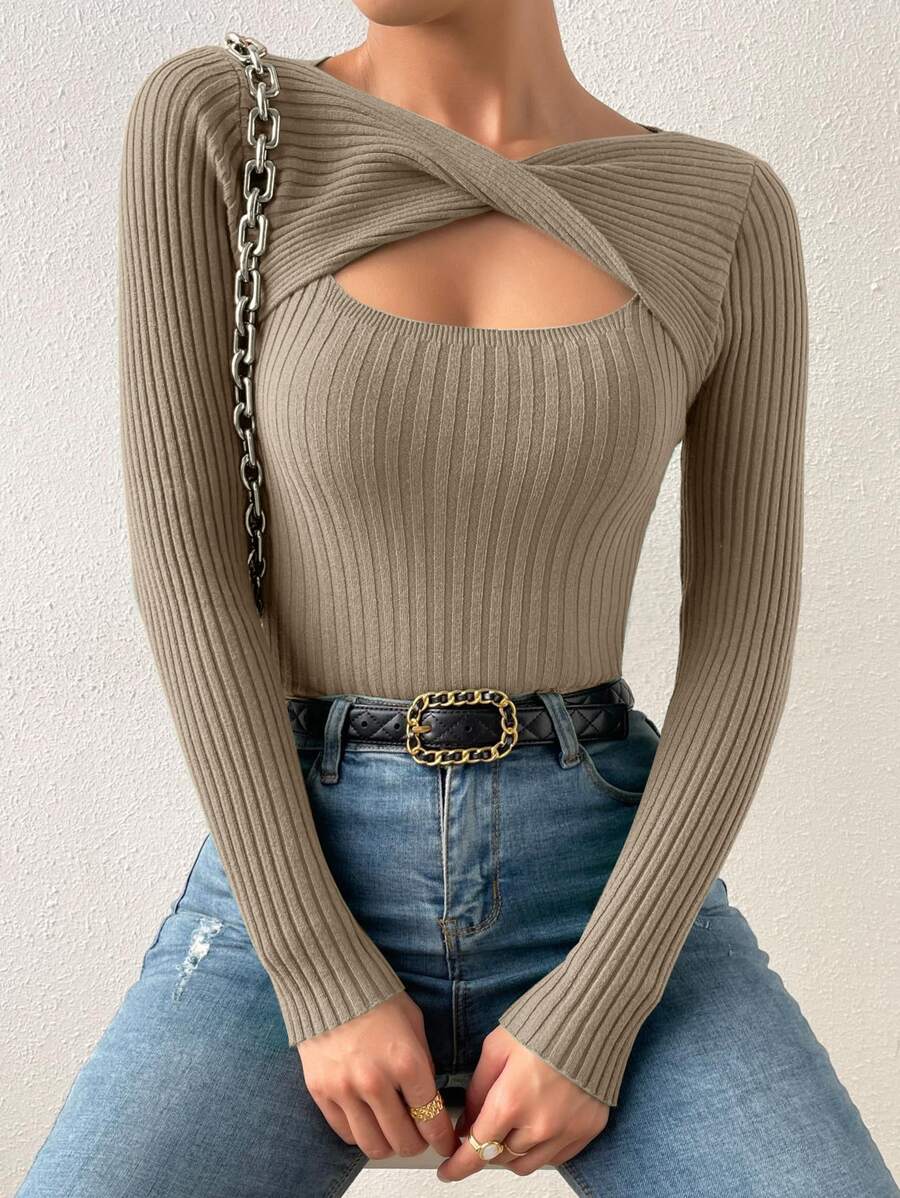 SHEIN Essnce Cut Out Twist Front Jumper - Khaki - View 1