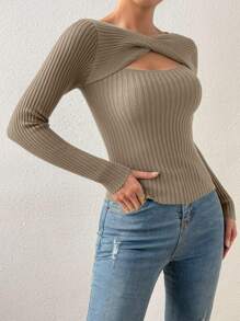 SHEIN Essnce Cut Out Twist Front Jumper - Khaki - View 4
