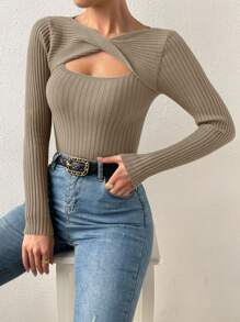 SHEIN Essnce Cut Out Twist Front Jumper - Khaki - View 5