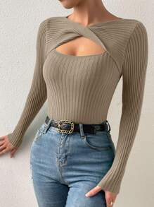 SHEIN Essnce Cut Out Twist Front Jumper - Khaki - View 6