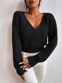 Calvaya Surplice Neck Drop Shoulder Sweater,Long Sleeve Tops