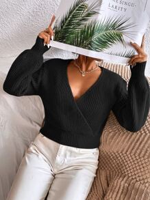 Calvaya Surplice Neck Drop Shoulder Sweater,Long Sleeve Tops
