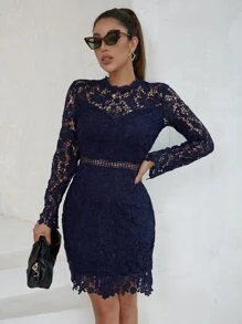 Eilly Bazar Floral Lace Stand Neck Dress - Navy Blue - View 1