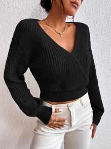Calvaya Surplice Neck Drop Shoulder Sweater,Long Sleeve Tops