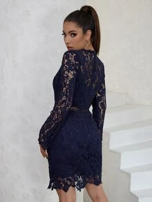 Eilly Bazar Floral Lace Stand Neck Dress - Navy Blue - View 2