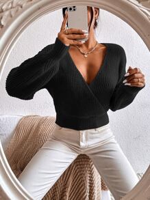 Calvaya Surplice Neck Drop Shoulder Sweater,Long Sleeve Tops