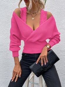 SHEIN Unity Jersey de manga murciélago con encaje en contraste de hombros descubiertos - Rosa Fucsia - Ver 1
