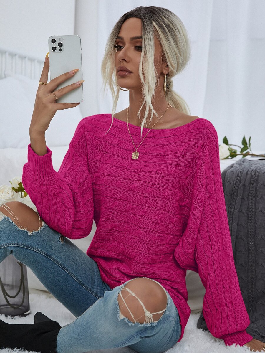 SHEIN LUNE Boat Neck Cable Knit Jumper - Hot Pink - View 1