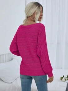 SHEIN LUNE Boat Neck Cable Knit Jumper - Hot Pink - View 2