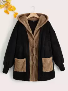SHEIN LUNE Abrigo de dos tonos con doble bolsillo con capucha de franela - Negro - Ver 1