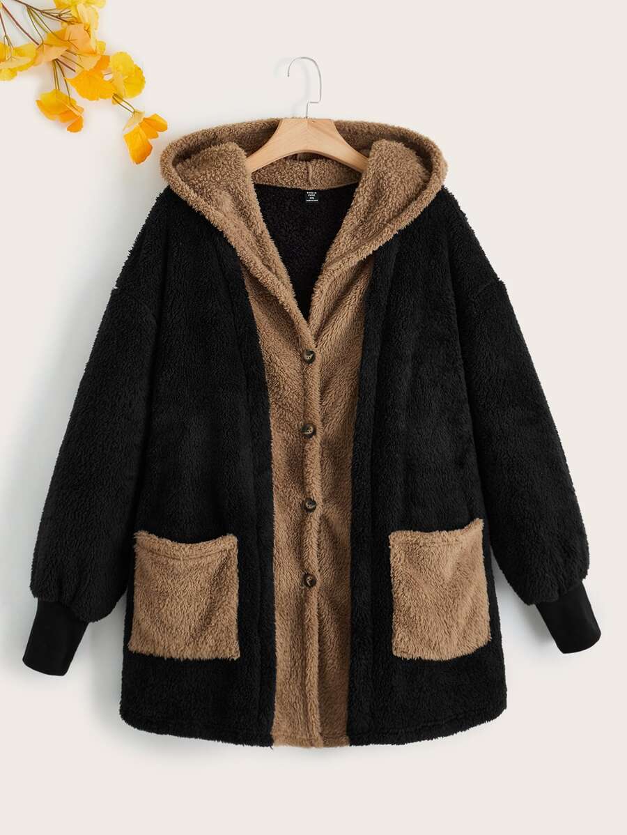 SHEIN LUNE Abrigo de dos tonos con doble bolsillo con capucha de franela - Negro - Ver 1