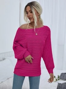 SHEIN LUNE Boat Neck Cable Knit Jumper - Hot Pink - View 5