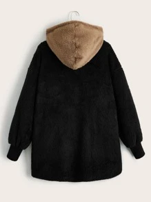 SHEIN LUNE Abrigo de dos tonos con doble bolsillo con capucha de franela - Negro - Ver 2