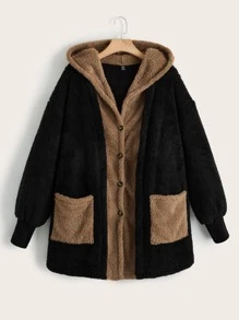 SHEIN LUNE Abrigo de dos tonos con doble bolsillo con capucha de franela - Negro - Ver 3
