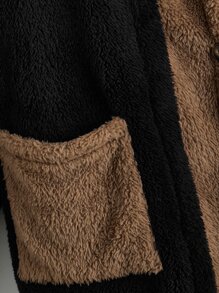 SHEIN LUNE Abrigo de dos tonos con doble bolsillo con capucha de franela - Negro - Ver 4