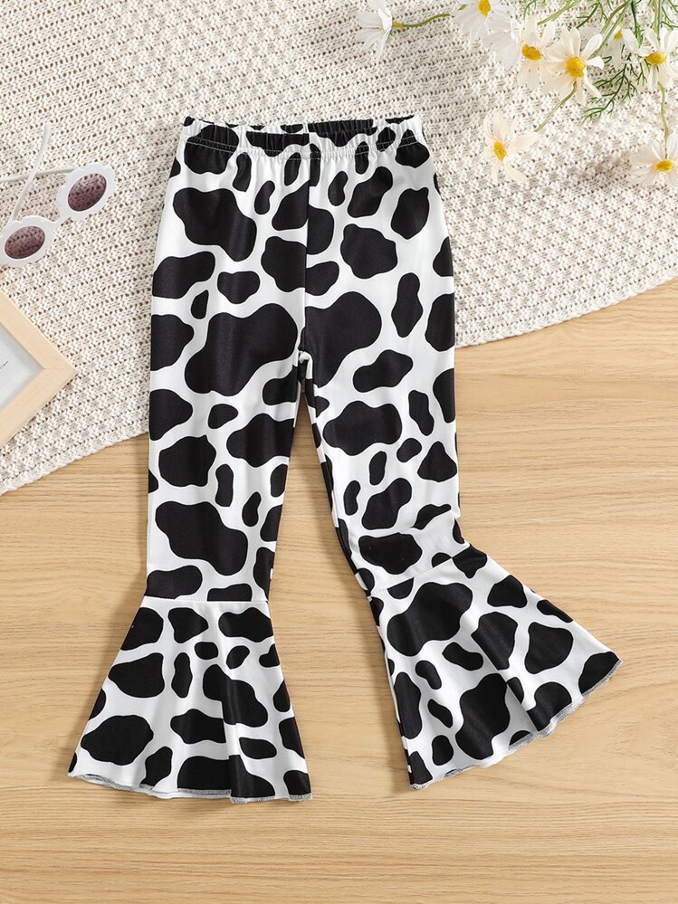 Toddler Girls Cow Print Flare Leg Trousers - Black and White - View 1