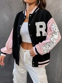 SHEIN Unity 女式字母条纹落肩休闲棒球夹克 - 黑色 - 查看 1