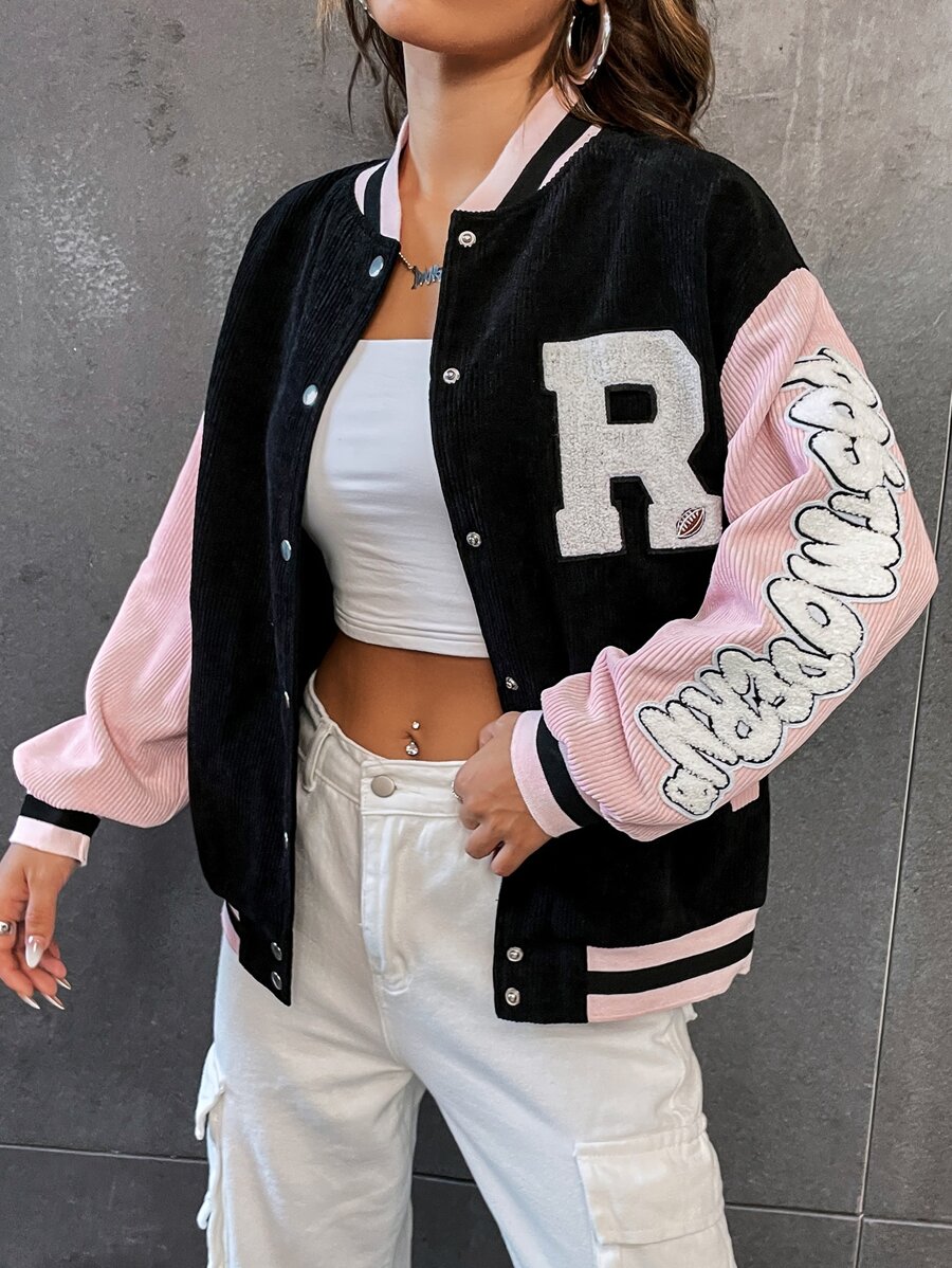 SHEIN Unity 女式字母条纹落肩休闲棒球夹克 - 黑色 - 查看 1