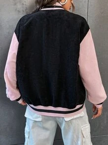 SHEIN Unity 女式字母条纹落肩休闲棒球夹克 - 黑色 - 查看 2