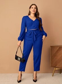 SHEIN Privé 大碼燈籠袖短款上衣和前繫帶長褲