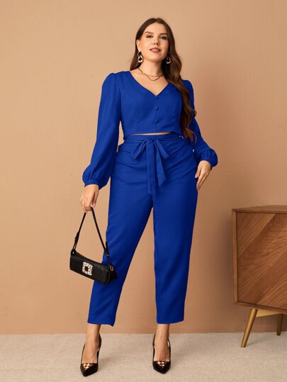 SHEIN Privé 大碼燈籠袖短款上衣和前繫帶長褲