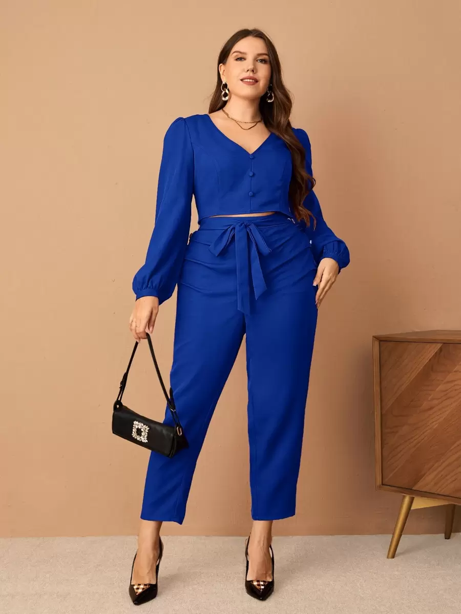 SHEIN Privé 大碼燈籠袖短款上衣和前繫帶長褲