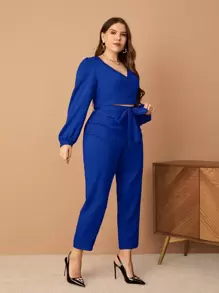 SHEIN Privé 大碼燈籠袖短款上衣和前繫帶長褲