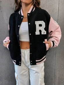 SHEIN Unity 女式字母条纹落肩休闲棒球夹克 - 黑色 - 查看 3