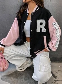 SHEIN Unity 女式字母条纹落肩休闲棒球夹克 - 黑色 - 查看 4