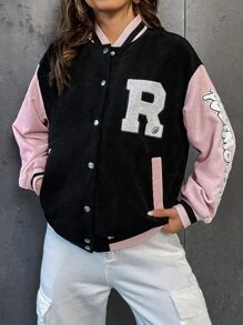 SHEIN Unity 女式字母条纹落肩休闲棒球夹克 - 黑色 - 查看 5