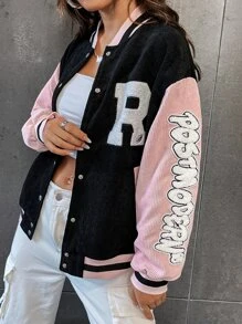 SHEIN Unity 女式字母条纹落肩休闲棒球夹克 - 黑色 - 查看 6