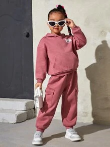 SHEIN Young Girl Patched Detail Drop Shoulder Thermal Hoodie & Sweatpants