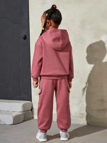 SHEIN Young Girl Patched Detail Drop Shoulder Thermal Hoodie & Sweatpants