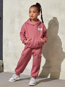 SHEIN Young Girl Patched Detail Drop Shoulder Thermal Hoodie & Sweatpants