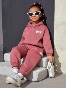 SHEIN Young Girl Patched Detail Drop Shoulder Thermal Hoodie & Sweatpants