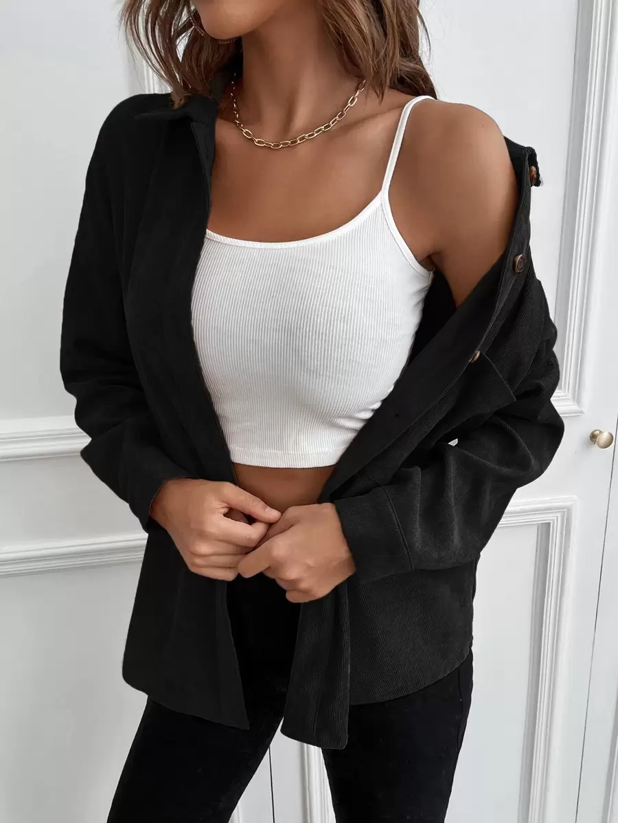 SHEIN LUNE 1 件纯色纽扣灯芯绒衬衫、长袖上衣 - 黑色 - 查看 1