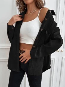 SHEIN LUNE 1 件纯色纽扣灯芯绒衬衫、长袖上衣 - 黑色 - 查看 3