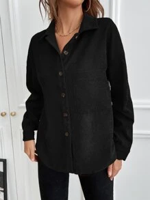 SHEIN LUNE 1 件纯色纽扣灯芯绒衬衫、长袖上衣 - 黑色 - 查看 4